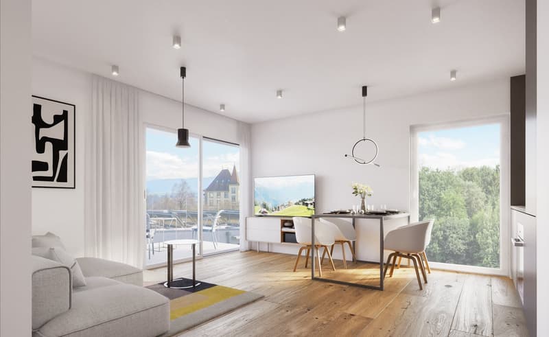 Open plan kitchen, dining and living room, large windows, balcony, hardwood floor, modern decor, sofa, dining table, TV, lamps