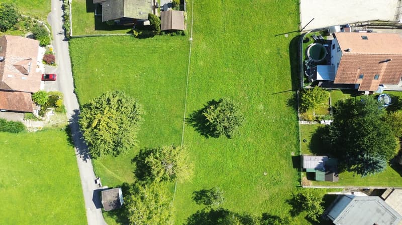 three houses, swimming pool, large green grass field