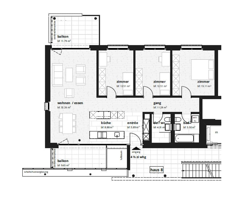 living room, kitchen, 3 bedrooms, 2 bathrooms, balcony