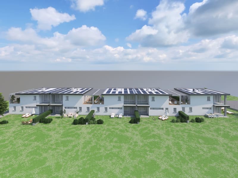 4 story building, white exterior, solar panels on the roof, balconies, swimming pool, garden
