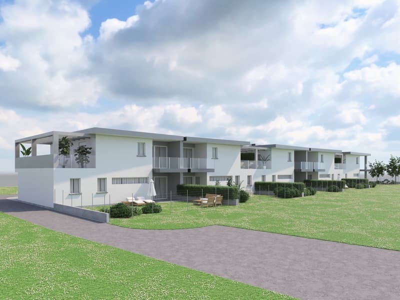 Modern apartment building, white exterior, multiple balconies, green lawn, outdoor seating area