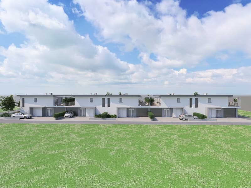 4 units, white exterior, garage, balcony, green lawn