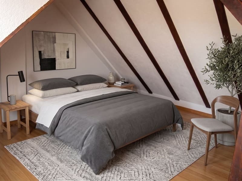 Gemütliches Schlafzimmer mit Schrägdach und Holzbalken.