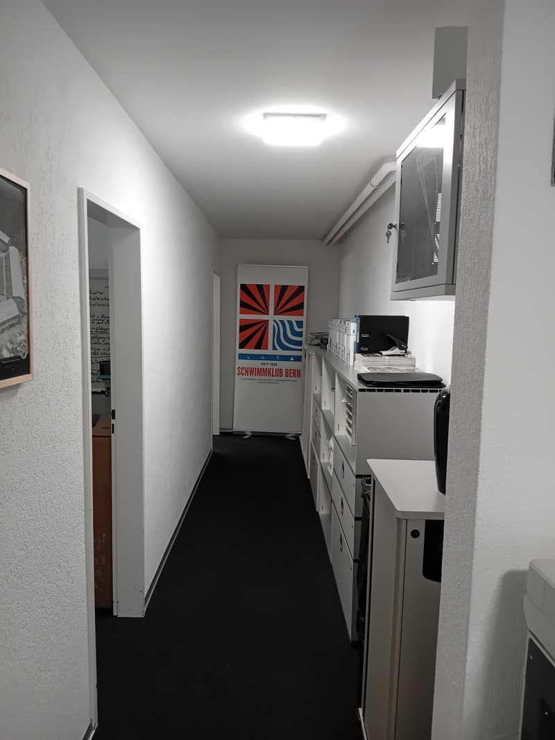 Empty hallway with white walls, black carpet, ceiling light, cabinets, and a poster