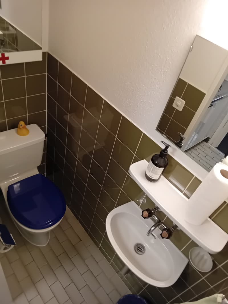 small bathroom with toilet, sink, mirror, and tiled walls