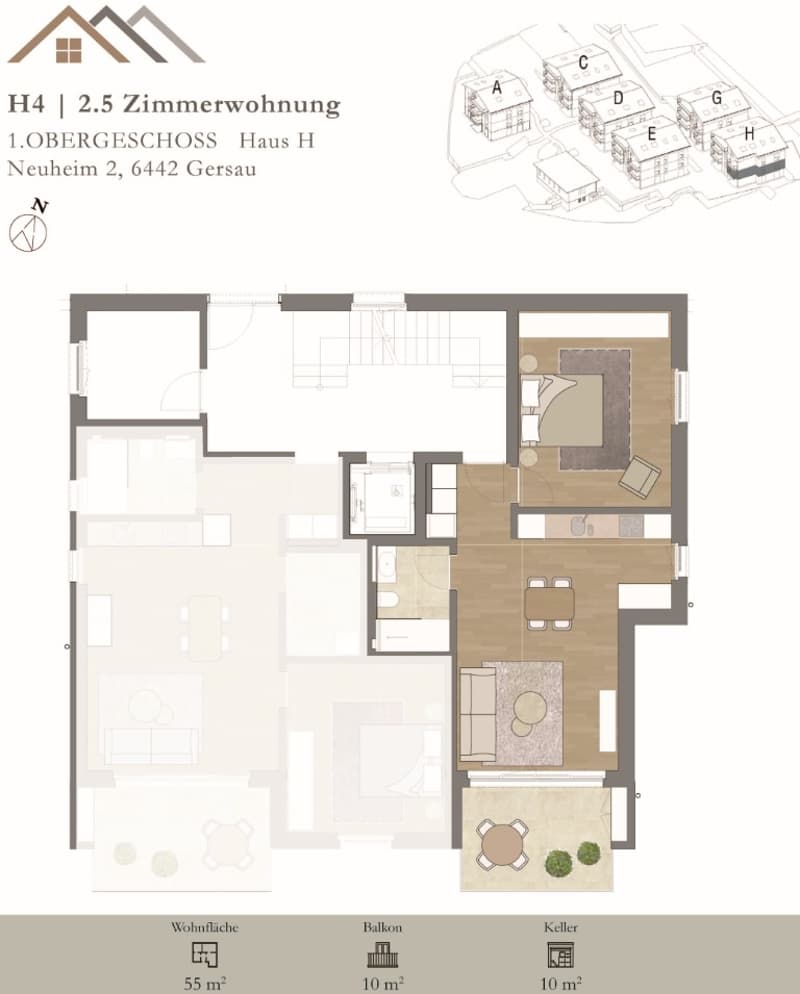 Helle, neue luxuriöse 2½ Zimmer Wohnung (H4) 1.OG mit grossem Balkon (13)