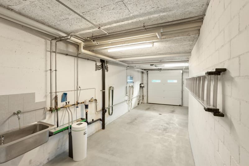 Storage area with sink, various pipes and hoses, white garage door, ladder mounted on wall