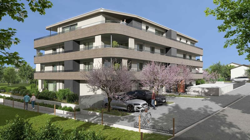 Modern apartment building with 3 floors, balconies, parking area, and landscaped garden