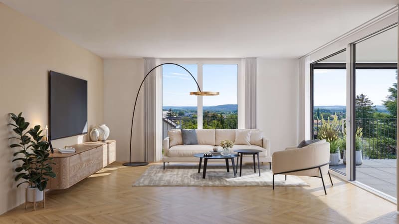 Floor lamps, sofa, two side tables, floor-to-ceiling windows, wooden floors, cabinet with TV, plants, balcony with railing