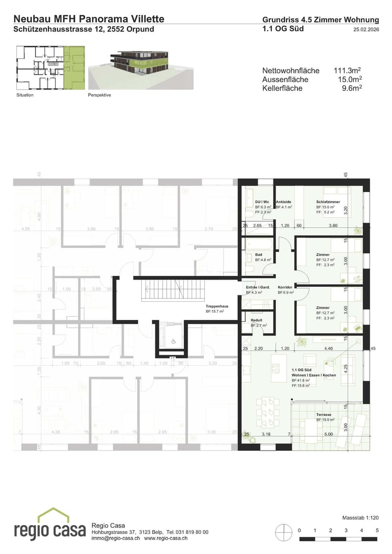 Floor plan of a 4.5 room apartment with living room, kitchen, 3 bedrooms, 2 bathrooms, terrace