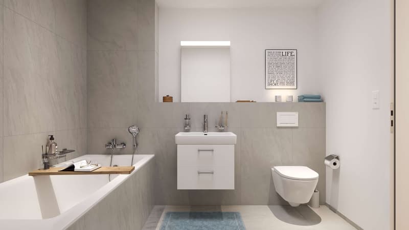 modern bathroom with bathtub, sink, toilet, and shower area