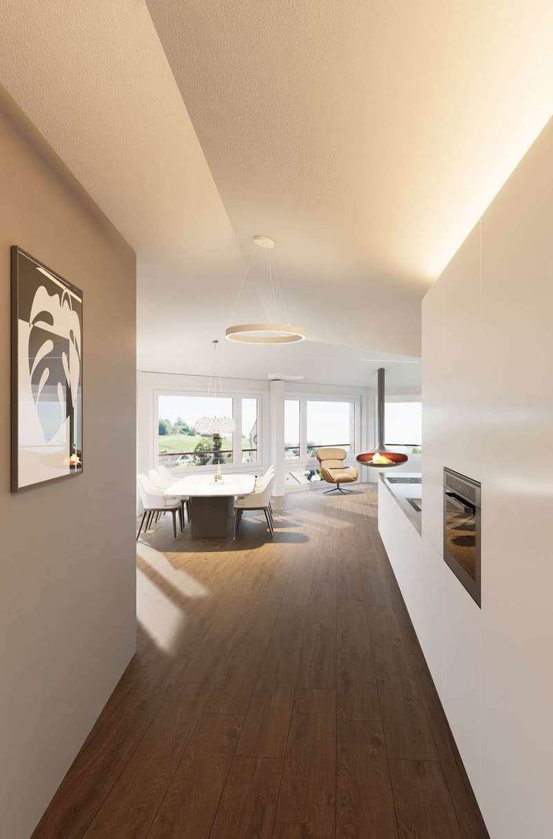 Küchenblick zu Ess-/Wohnzimmer