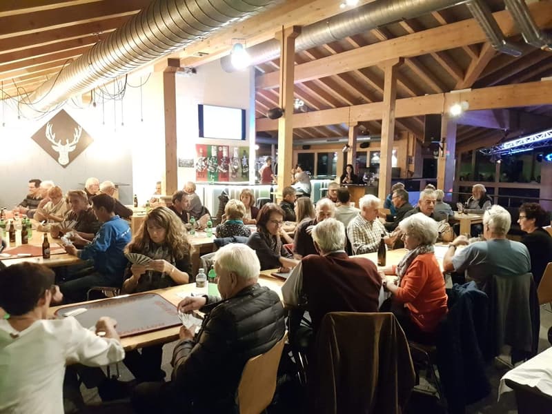 Wooden interior, wooden tables, dining chairs, group of people sitting, bottles on tables, TV on wall, deer design, lighting