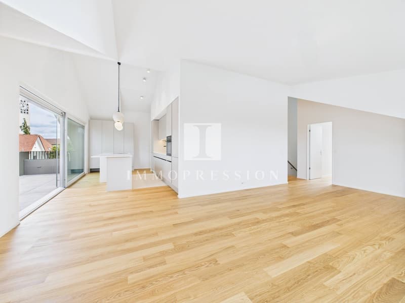 open floor plan, wooden floor, white walls, large windows, balcony, kitchen island, modern design