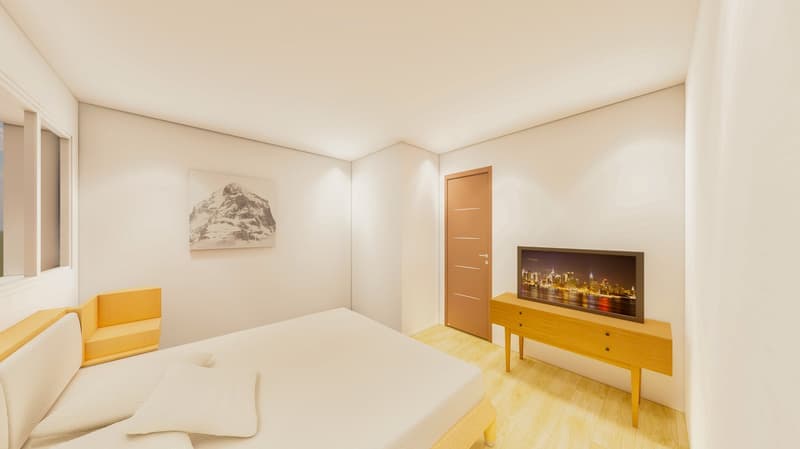 Bedroom with double bed, nightstand, TV, painting on the wall, wooden floor, white walls, large window