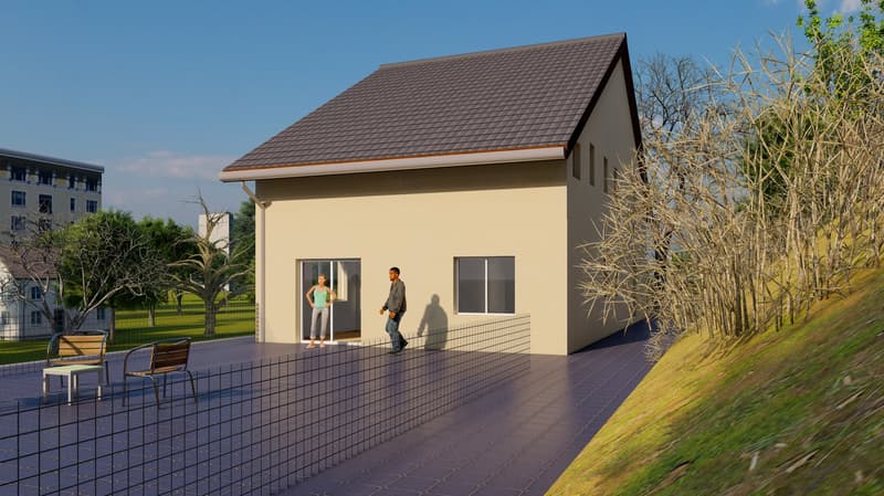 Detached house, sloped roof, one storey, front patio, fenced garden, two windows, double door entrance, trees in the background.