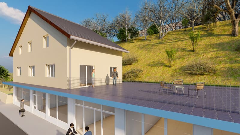 Modern two story house, large windows, entrance area with glass doors, rooftop terrace with fence, patio area with seating