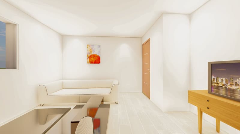 white sofa, wooden cabinet, flat screen tv, wooden floor
