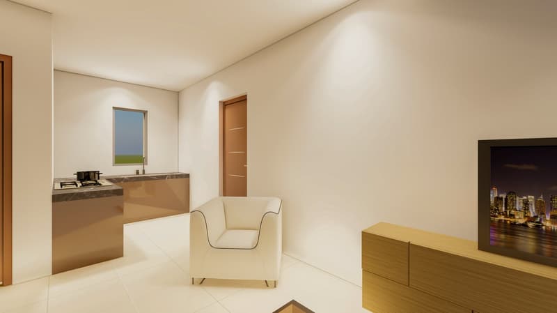 a kitchen, chair, TV, cabinet