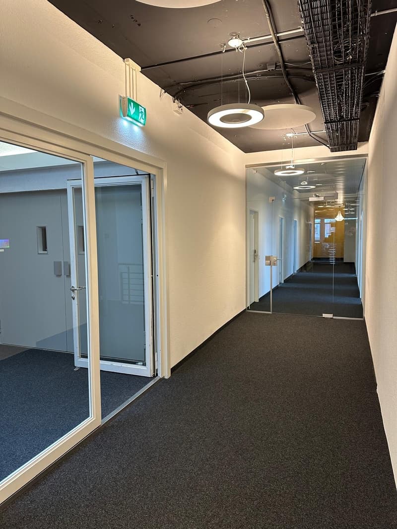 The image shows a hallway or corridor in an office space. The walls are painted in a light color, and the floor is covered with dark carpeting. There are several glass doors along the hallway, and the ceiling is equipped with modern lighting fixtures. The