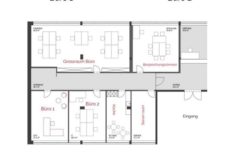 The floor plan shows an office space with several rooms. It includes a large open office area labeled 'Grossraum Büro', two smaller offices labeled 'Büro 1' and 'Büro 2', a conference room labeled 'Besprechungszimmer', a server room, and an entrance area.