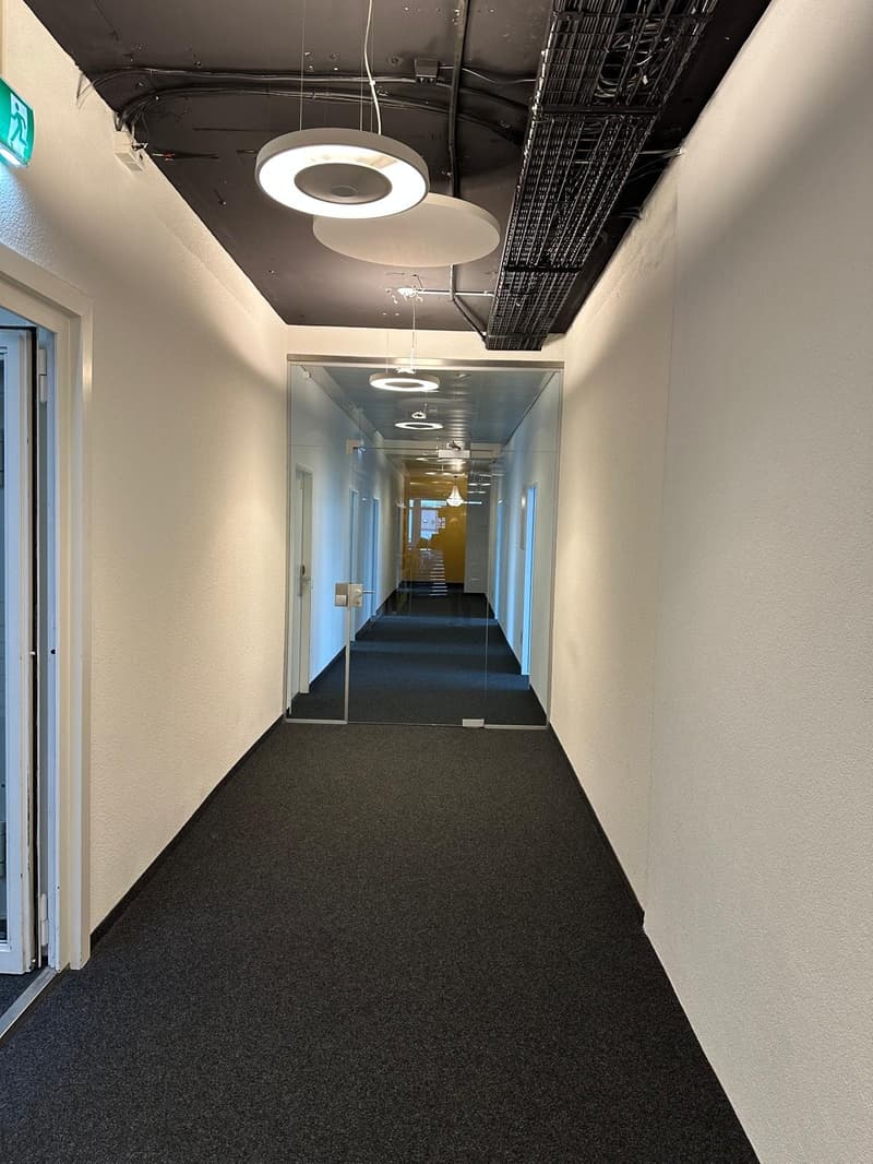 The image shows a long hallway with white walls, a black carpeted floor, and circular lighting fixtures hanging from the ceiling. The hallway appears to be part of an office or commercial space.