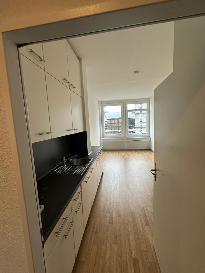 Compact studio apartment with modern kitchen featuring white cabinets and black countertops, hardwood flooring, and large windows providing natural light.