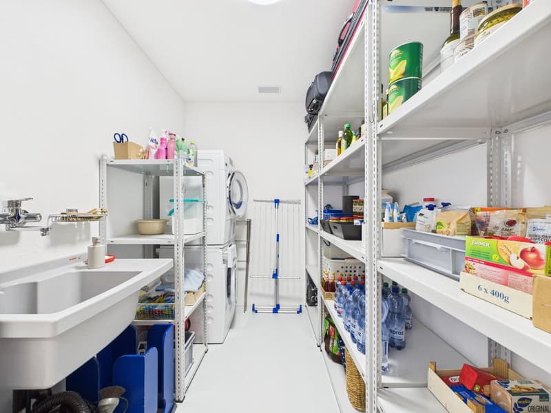 storage room with shelves, washing machine, sink, laundry basket