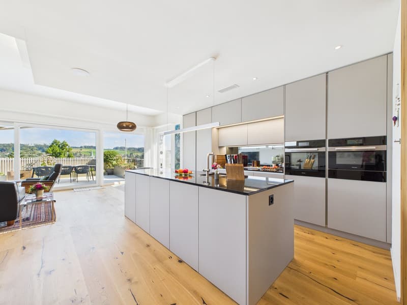 modern kitchen, island countertop, wooden floors, sliding glass doors leading to balcony, large windows, hanging pendant lights, built-in oven and microwave, white cabinetry, garden view