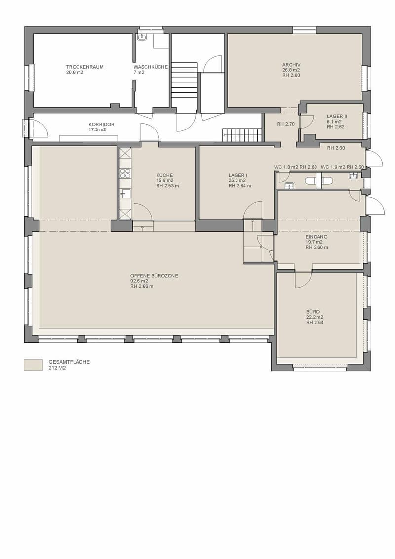 Entrance, open living area, kitchen, 3 bedrooms, 2 bathrooms, laundry room, archive, office, terrace