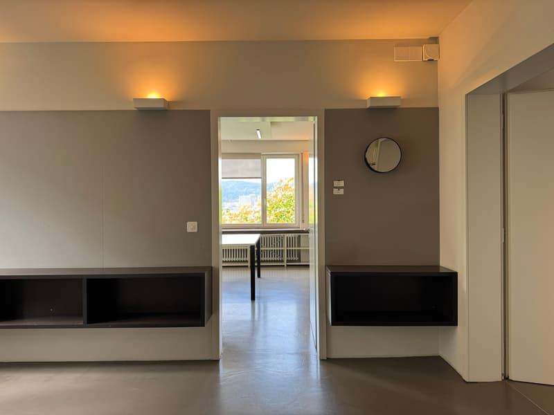 Empty room with gray walls, concrete floor, two black shelves, mirror, and a view of the outside through the door.