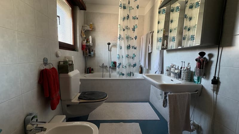 Tiled bathroom with a bathtub, toilet, sink, and shelves with various toiletries and personal items. The bathroom has a patterned shower curtain and a private washing machine is visible.