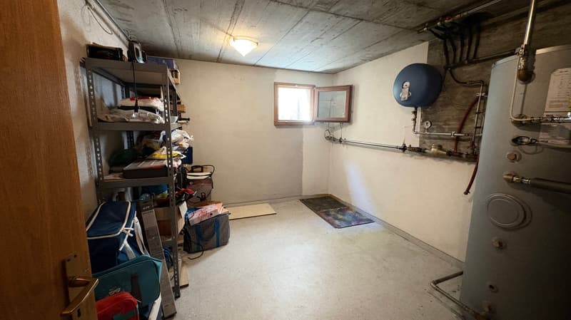 This image shows a basement or storage room with concrete walls and ceiling. There is a shelving unit with various items stored on it, as well as some other miscellaneous items and equipment in the room. A window is visible, providing some natural light.