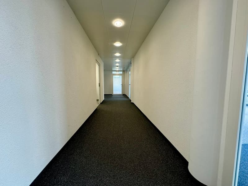 Long hallway, white walls, black carpet, recessed ceiling lights