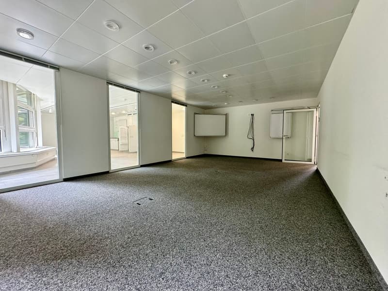 empty room, gray carpeted floor, glass doors, white walls, ceiling lights, power outlets, whiteboards