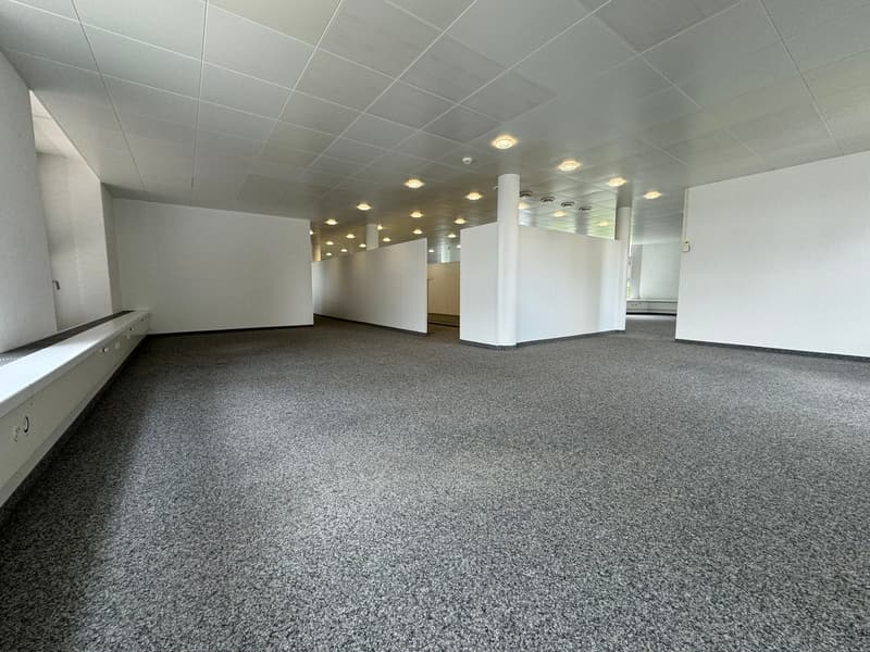 Large open office space with gray carpeted flooring, white walls, and recessed lighting fixtures in the ceiling. The space appears to be empty and ready for use.