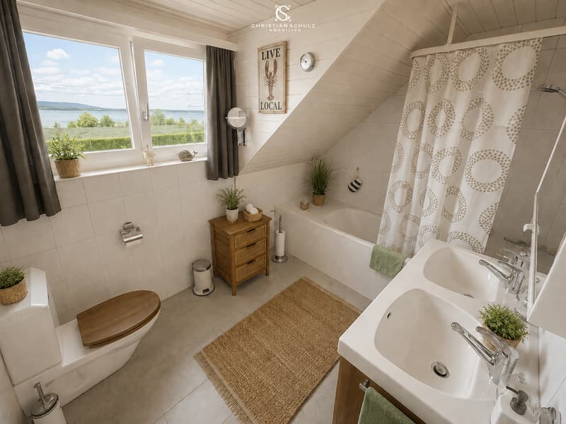 Bad mit Badewanne, Dusche, Doppellavabo und Seesicht