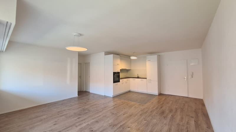 empty room, wooden floor, white walls, kitchen with oven and sink, cabinets, two lamps