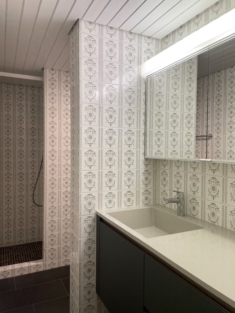 Bathroom with decorative tiles, double sink with silver faucet, mirror, glass shower enclosure