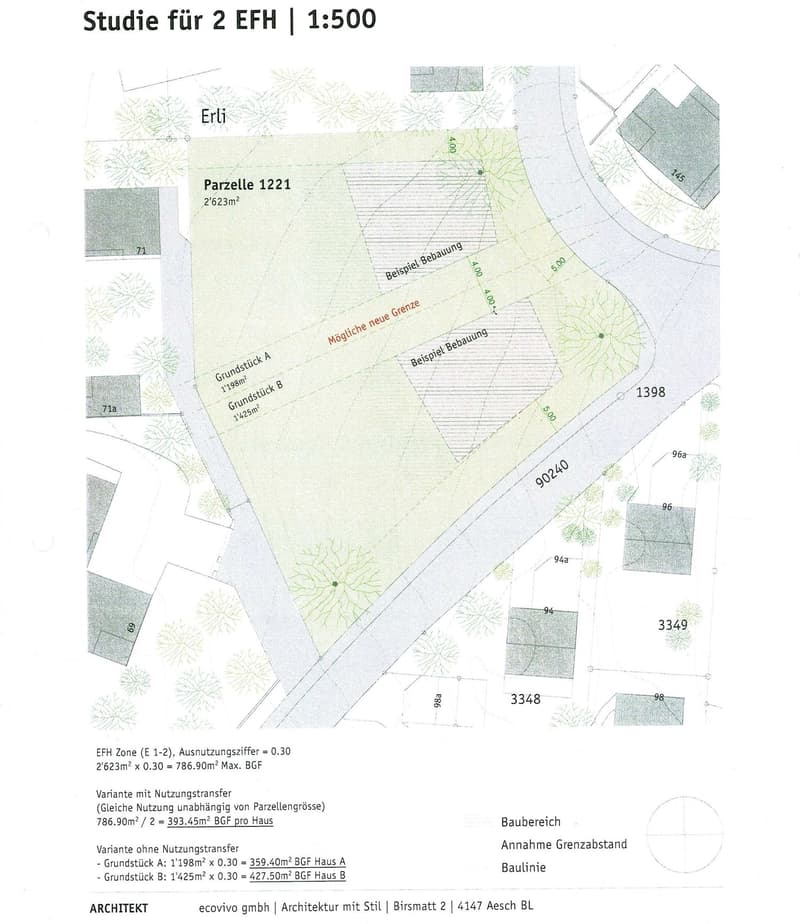 The image shows a floor plan for a property with a parcel size of 2,623 m^2. The plan includes two building plots labeled 'Grundstück A' and 'Grundstück B', with different sizes and building footprints. The plan also shows a 'Beispiel Bebauung' or example