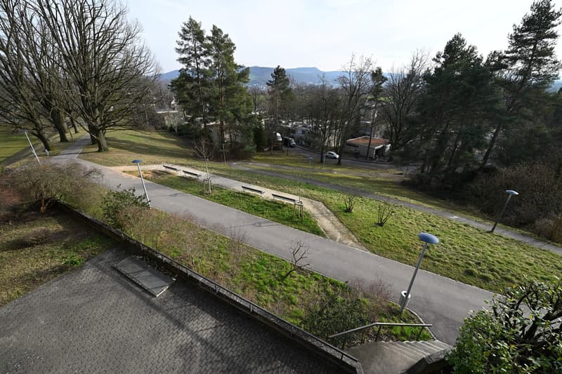Aerial view of a park with a paved pathway, benches, and street lights. The park is surrounded by trees and grass, with a distant view of buildings and mountains.