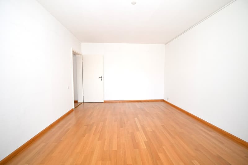 empty room, white walls, wooden floor, white door, power outlet