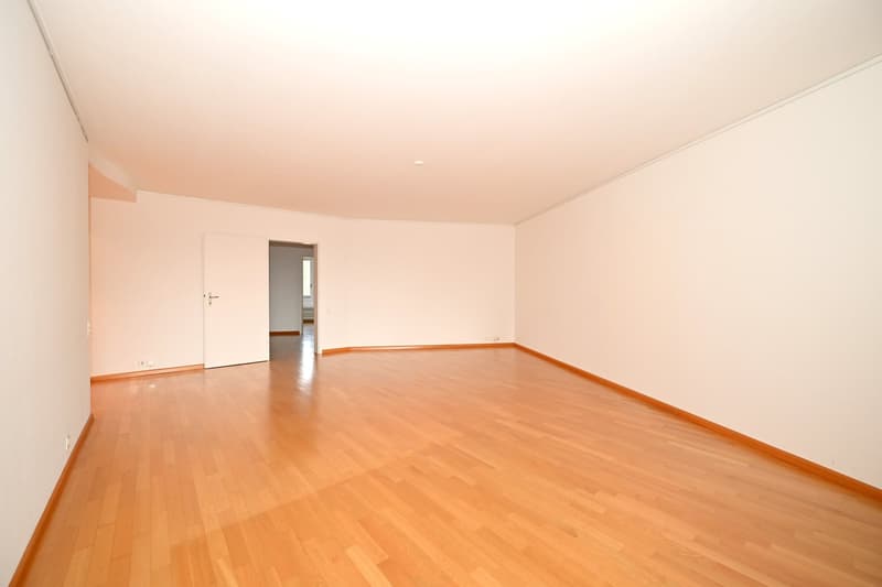 empty room, wooden floor, white walls, open door, hallway