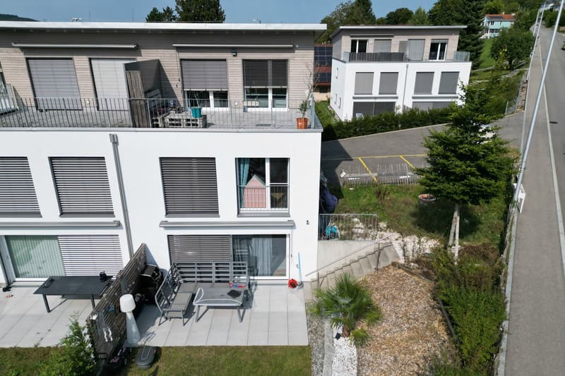 Modern white house, 2 floors, balcony, outdoor seating, garden, parking area