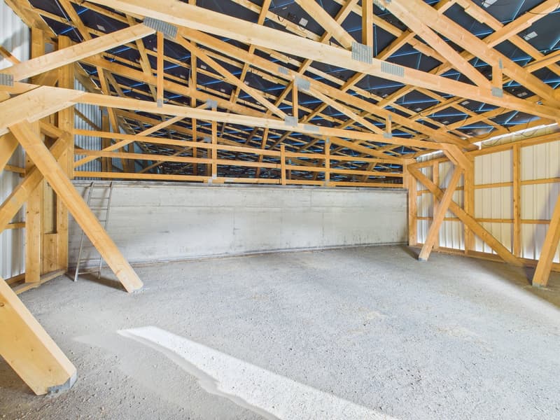 empty room, wooden ceiling, concrete floor, metal ladder, wooden walls