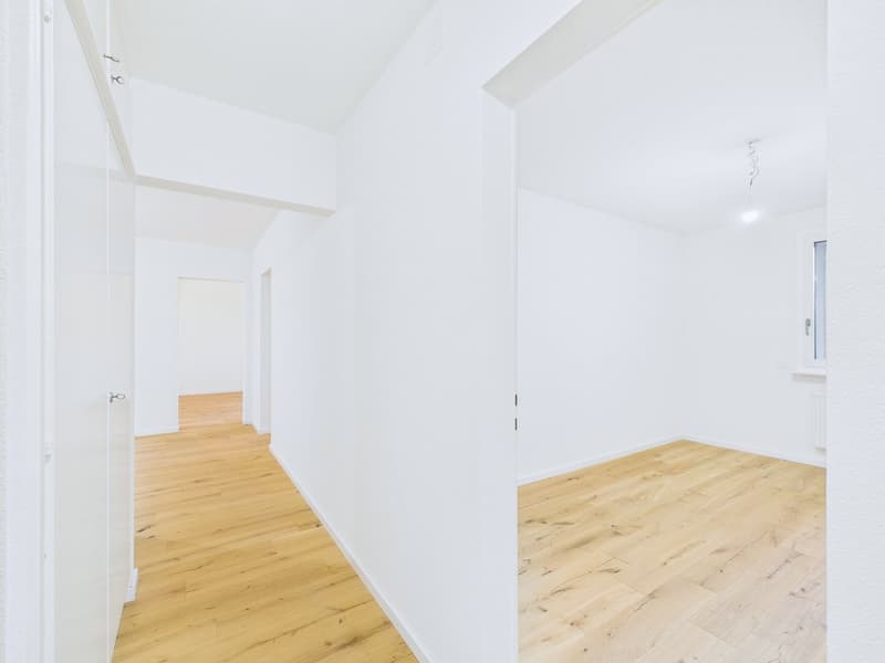 Empty hallway with white walls and wooden floors