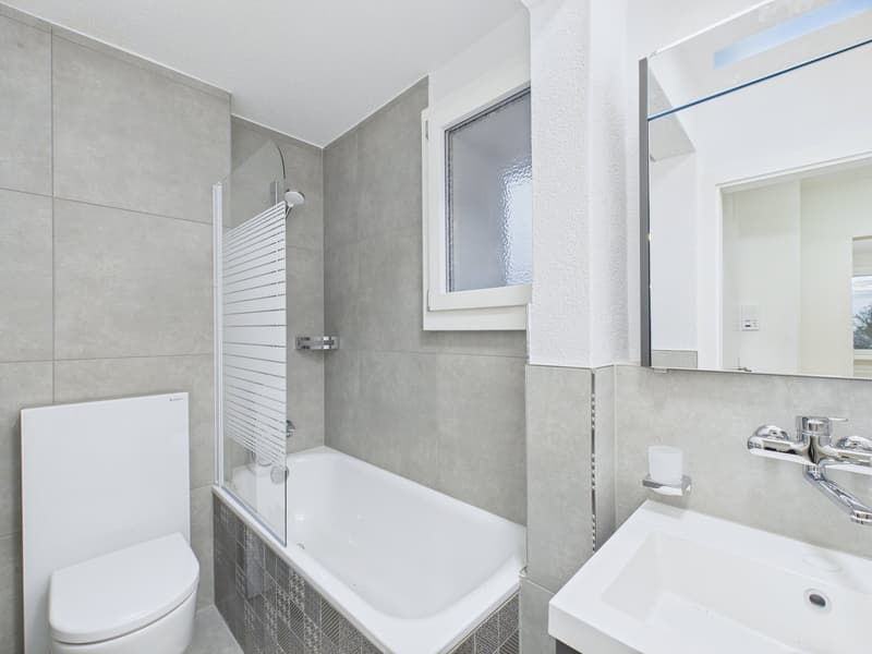 Bathroom with shower, bathtub, sink, mirror, and toilet