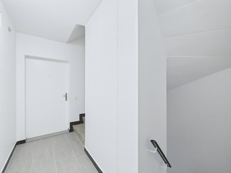 Empty hallway, white walls, black tiled flooring, white door, handrail, staircase
