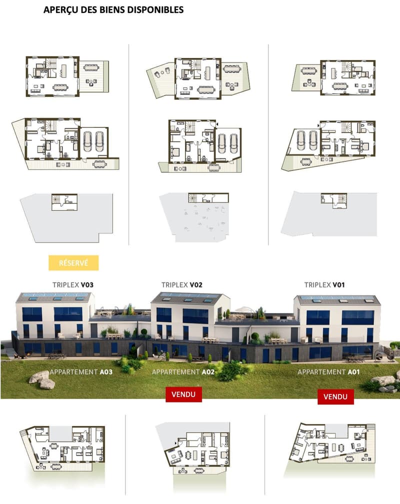 Several apartment floor plans displayed. Includes living room, bedroom, bathroom, kitchen, balcony, storage room.