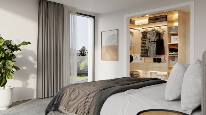 A large bed, a large window, a closet, a picture frame on the wall, and a potted plant.
